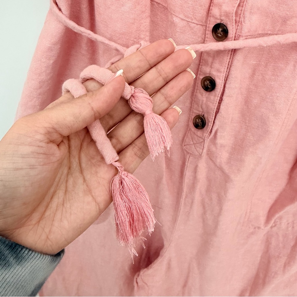 Madewell Linen Blend Puff Sleeve Jumpsuit Pink Button Front Tassel Tie XL - Picture 5 of 8